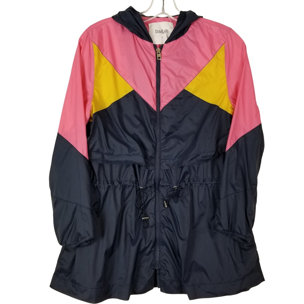 Ba&sh Women Colorblock Windbreaker Jacket Hooded Pink Yellow‎ Navy Size 0 XS